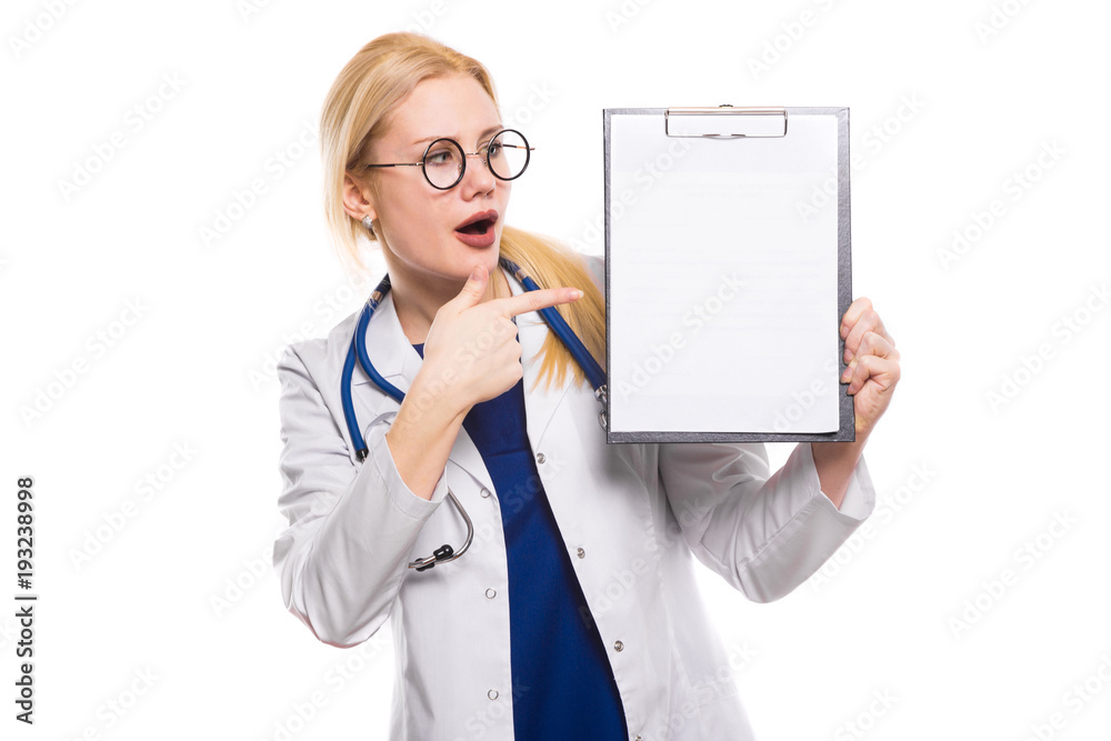 Woman doctor in white coat with clipboard Woman doctor in white coat with clipboard