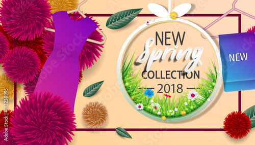Spring banner "new collection" with paper flowers for online shopping, advertising actions, magazines and websites. Spring new collection background with beautiful colorful flower.