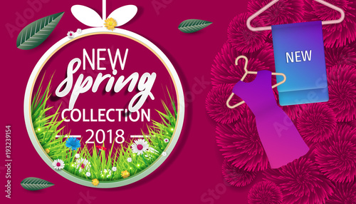 Spring banner "new collection" with paper flowers for online shopping, advertising actions, magazines and websites. Spring new collection background with beautiful colorful flower.
