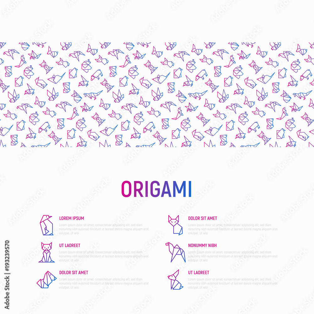 Origami concept with thin line icons: penguin, camel, fox, bear, sparrow, fish, mouse, bird, elephant, kangaroo, hare, seal, raccoon. Modern vector illustration for workshop with place for text.