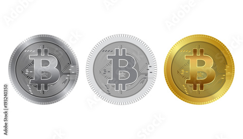 Metallic bitcoins and flat style. Bitcoin - modern virtual