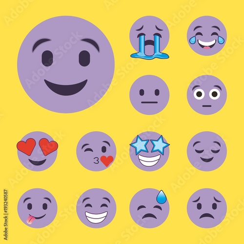 set of purple smiles emoji cartoon character faces vector illustration