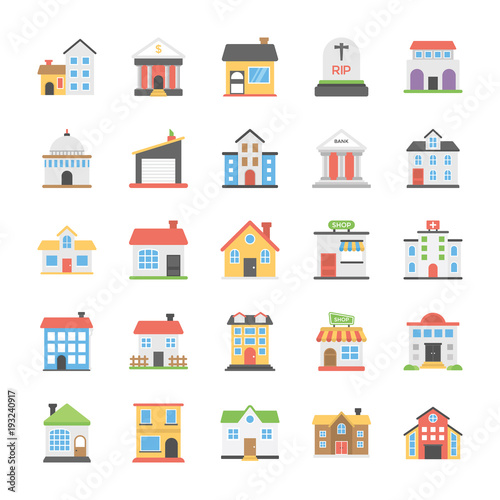 Buildings Flat Vector Icons Set 
