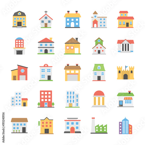 Buildings Flat Vector Icons Collection 
