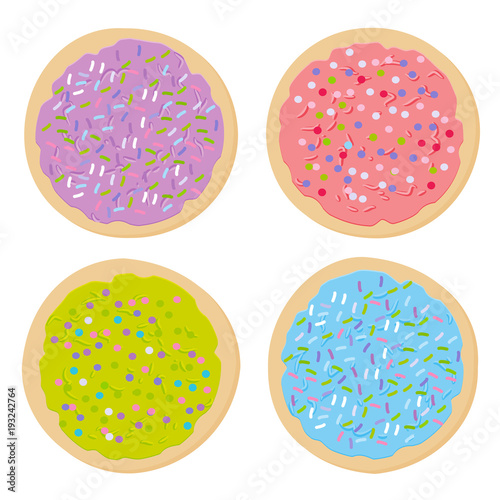 Frosted sugar cookies, Set Italian Freshly baked cookies with pink violet blue green frosting and colorful sprinkles. Bright colors on white background. Vector