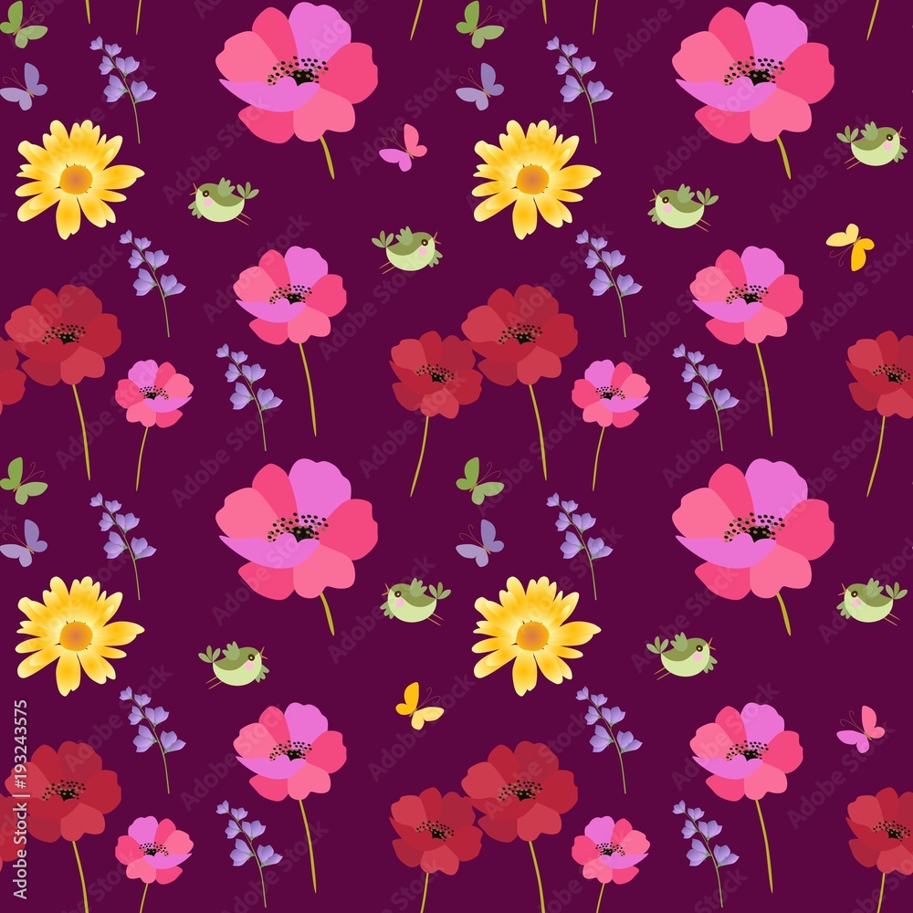 Seamless ditsy natural print for fabric with funny birds, butterflies, red and pink poppies, marigold and bell flowers isolated on dark purple  background.