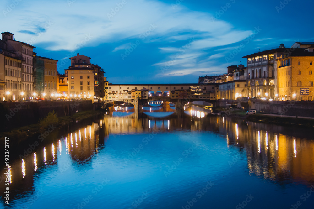 The Ponte Vecchio is a medieval stone closed-spandrel segmental arch bridge over the Arno River, in Florence, Italy. The Ponte Vecchio is a medieval stone closed-spandrel segmental arch bridge over the Arno River, in Florence, Italy.