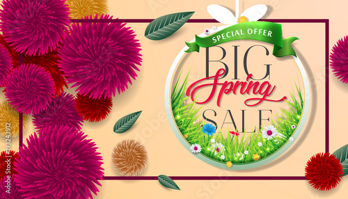 Big spring sale background with beautiful colorful flower. Vector illustration. Wallpaper. flyers, posters, brochure, voucher discount. Spring sale banner with paper flowers for online shopping.
