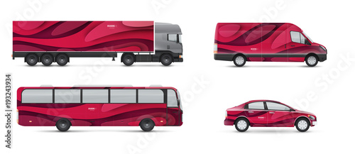 Design branding vehicles for advertising and corporate identity. Mock up for transport. Passenger car, bus and van. Vector graphics elements in modern paper style.