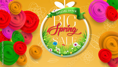 Big spring sale background with beautiful colorful flower. Vector illustration. Wallpaper. flyers, posters, brochure, voucher discount. Spring sale banner with paper flowers for online shopping.