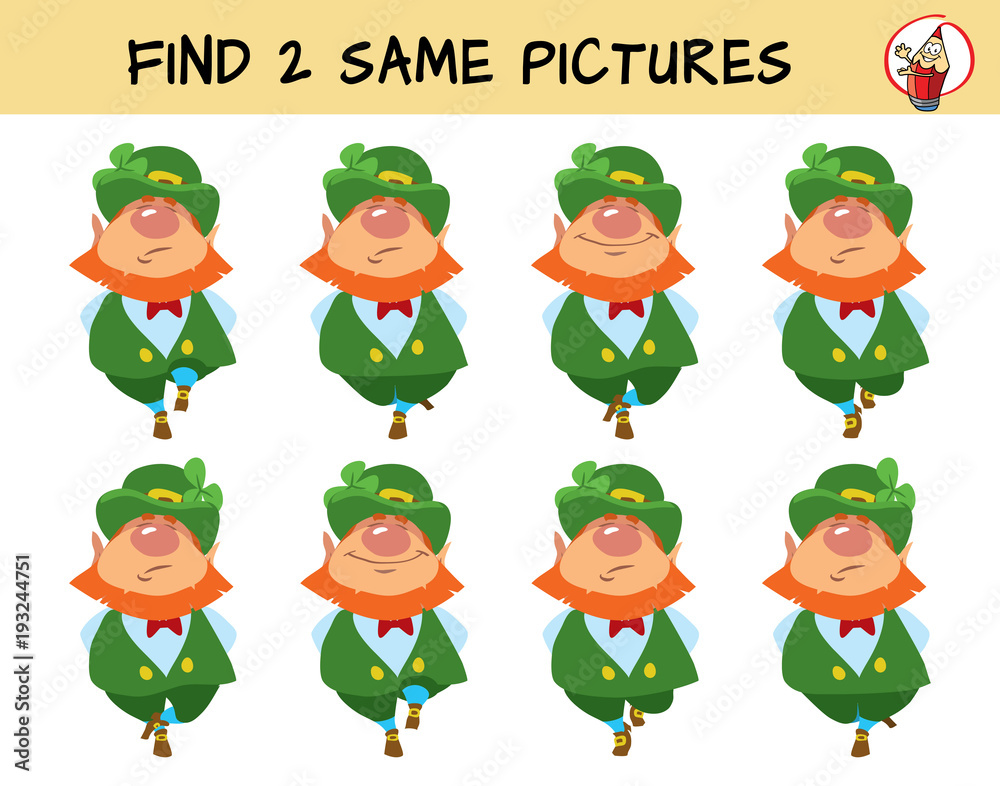Leprechauns dance a jig. Find two identical leprechauns. Educational matching game for children. Cartoon vector illustration Leprechauns dance a jig. Find two identical leprechauns. Educational matching game for children. Cartoon vector illustration