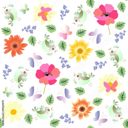 Seamless natural pattern for silk fabric in vector. Funny little birds  butterflies  green leaves  poppies and marigold flowers isolated on white background.