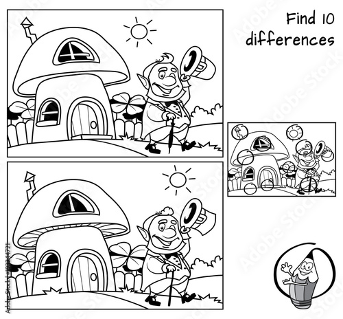 Funny leprechaun goes for a walk. Find 10 differences. Educational game for children. Black and white cartoon vector illustration