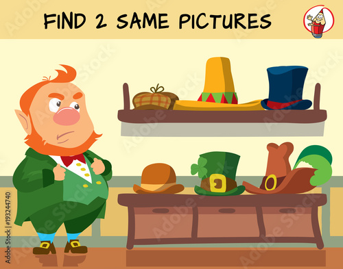 Help the leprechaun choose the right hat. Educational matching game for children. Cartoon vector illustration