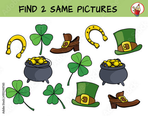 St.Patrick's Day symbols set. Shamrock, pot of gold, horseshoe and leprechaun's boot and hat. Find two same pictures. Educational matching game for children. Cartoon vector illustration