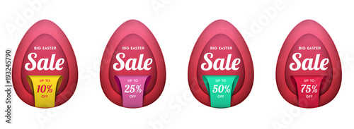 Set of colorful discount and promotion banners, labels or stickers for easter holiday in papercut style. Vector illustration. Isolated on white