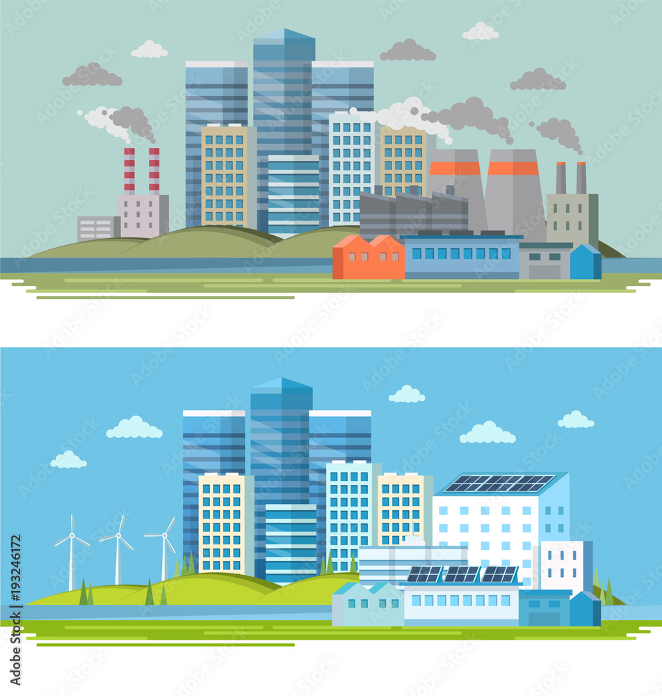 Old factory with smoke and pollution and a modern ecological factory with solar panels and wind energy. City landscape, ecological concept. Vector illustration in flat style, design template