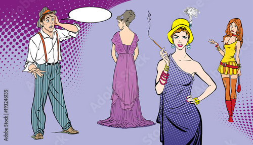 A man faces a choice. Difficult decision. Surprised boy. Guy choosing woman. Pop art retro style illustration. People in retro style.