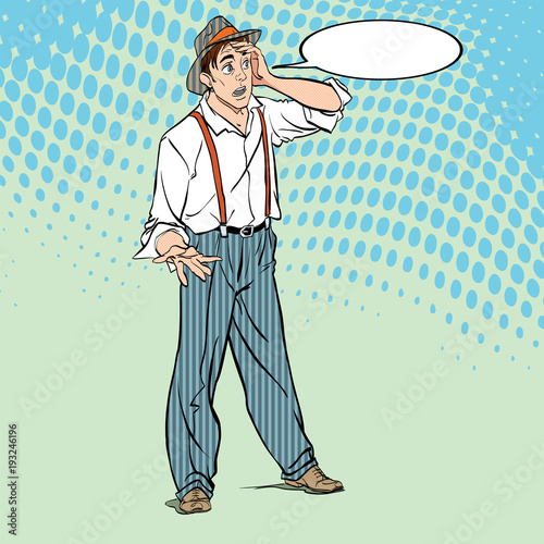 Portrait of surprised guy. Surprised retro fellow. Surprised boy. Pop art retro style illustration. People in retro style.