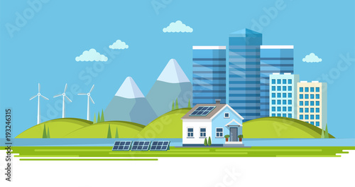 Green energy - landscape with wind power station, solar panels, small house, town view Ecology vector illustration in flat style, design template