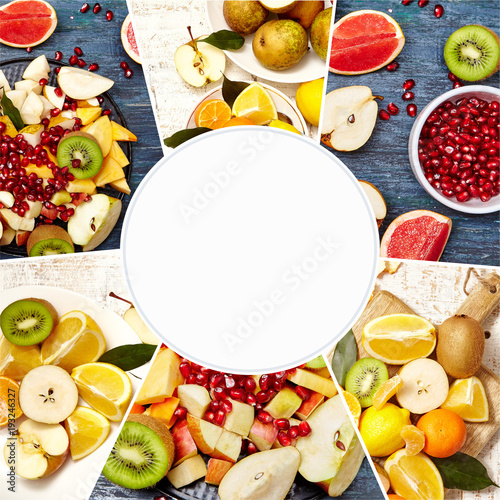 Collage of fresh fruits and berries for fruit salad. Healthy food concept. Photo of colorful fruit mix with white circle space for text.