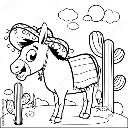 Mexican donkey with sombrero in the desert. Vector black and white coloring page.