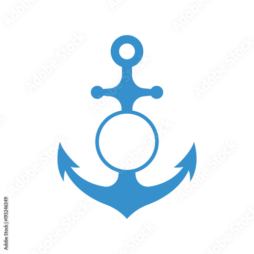 Nautical anchor with circle monogram isolated on white background. Blue sulhouette. Vector photo