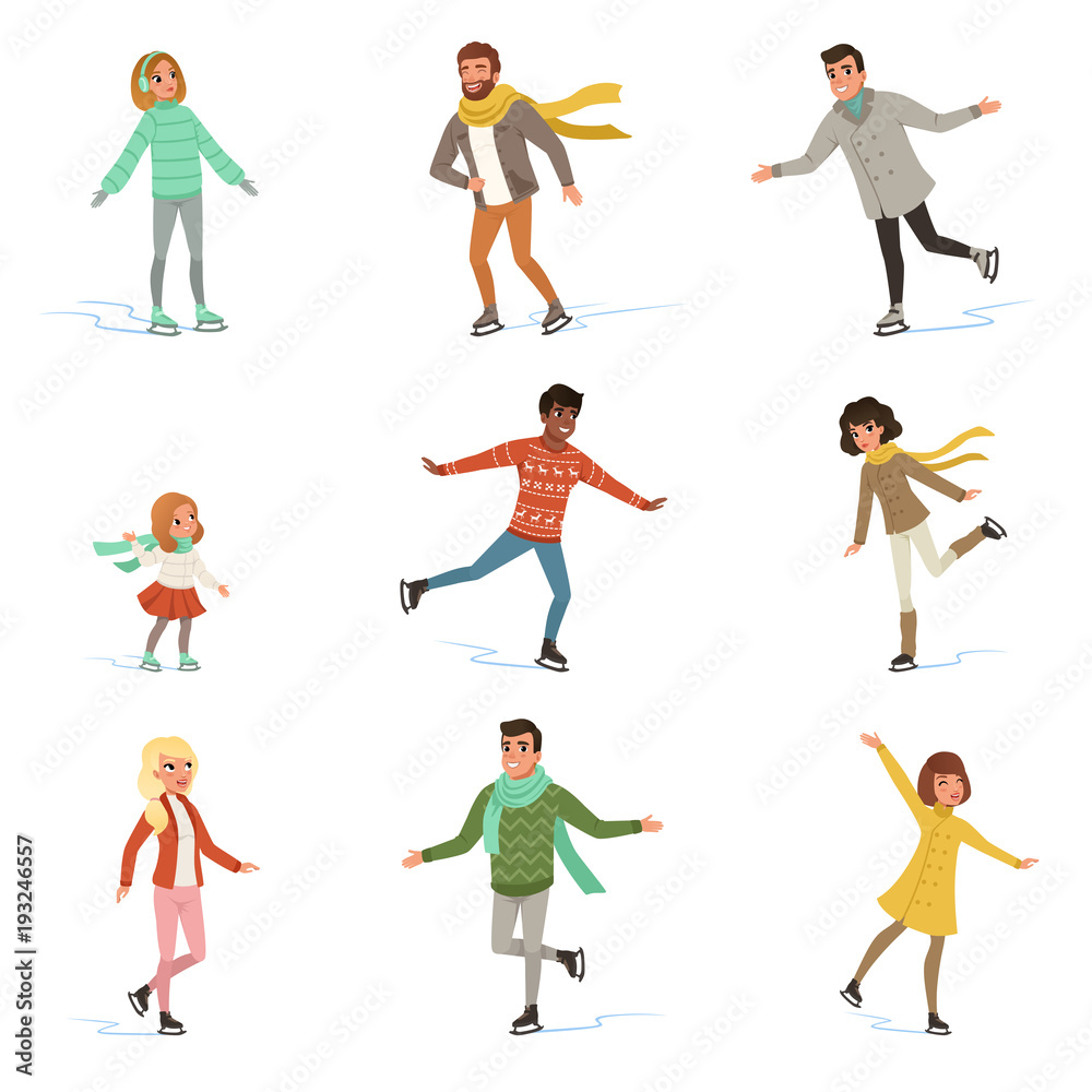 Ice skating people set, winter activities vector Illustrations on a white background