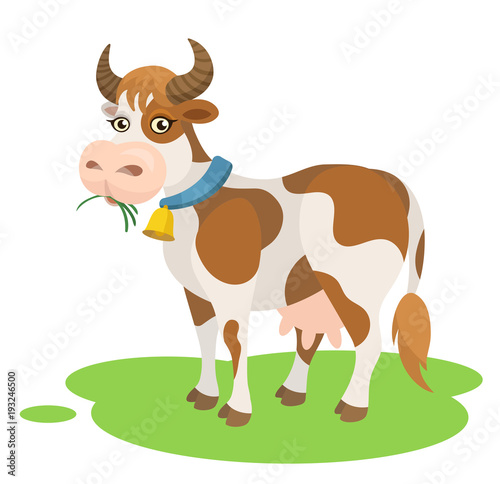 Vector cute cartoon cow eating grass farm animal illustration