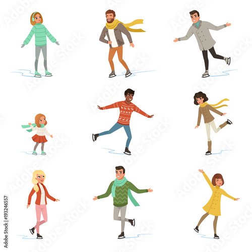 Ice skating people set, winter activities vector Illustrations on a white background