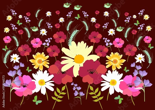 Endless meadow pattern with marigold, poppy, daisy, bell flowers,butterflies and birds on dark background in vector. Print for fabric, wallpaper.