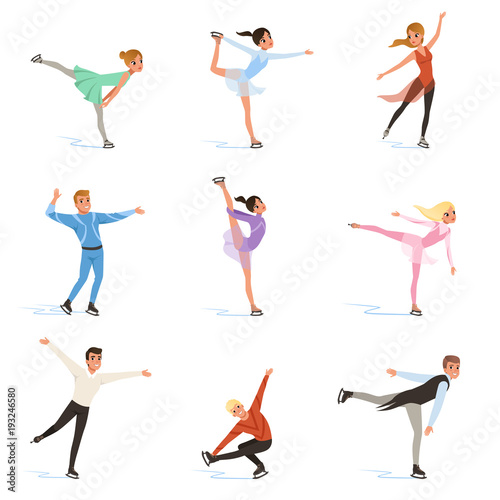 Figure skating set, professional athletes skating in motion on ice vector Illustrations on a white background
