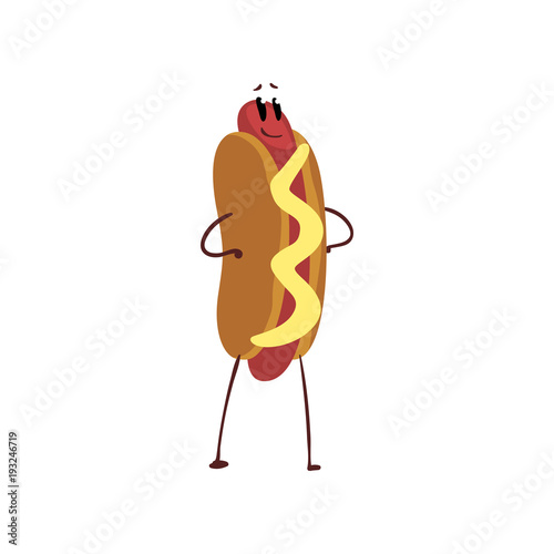 Funny hotdog standing with hands on its waist, humanized fast food character with mustard vector Illustration