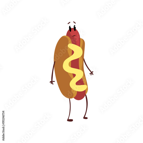 Funny surprised hotdog, humanized fast food character with mustard vector Illustration