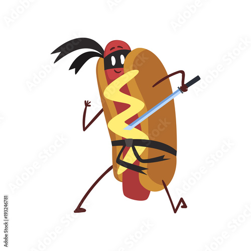 Funny hotdog ninja with sword, humanized fast food character with mustard vector Illustration