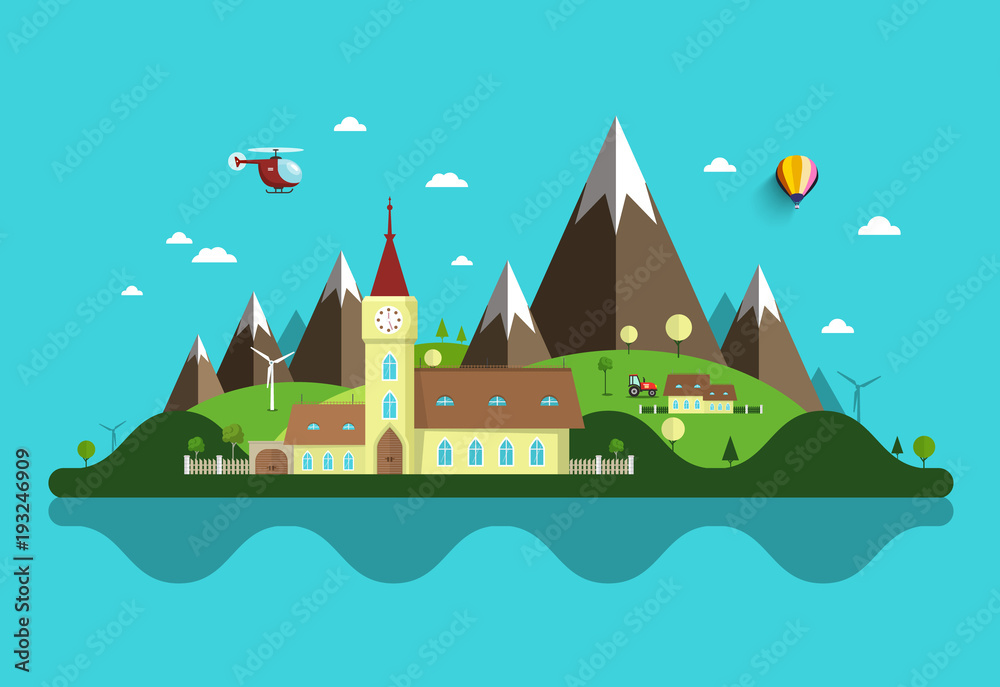 Flat Design Landscape. Abstract Vector Rural Scene with Castle and Mountains.
