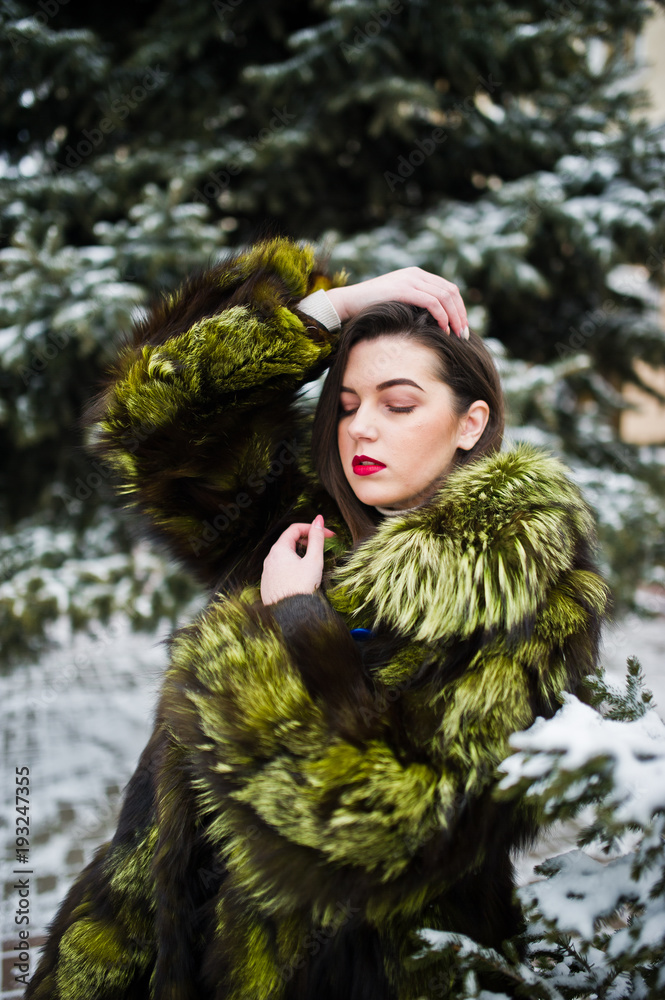 Brunette girl in green fur coat at winter day against snowy pine tree. Brunette girl in green fur coat at winter day against snowy pine tree.
