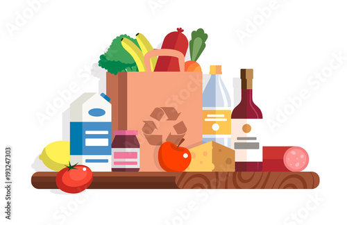 Food vector illustration in flat style. Different food and beverage products - market basket, commodity bundle, grocery shopping. Milk, wine, water, fruits, vegetables, ham, cheese, jam