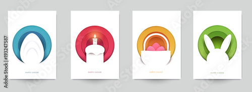 Happy easter concept. Set holiday background for cover, invitation, poster, banner, flyer, placard. Minimal template design for branding, advertising in paper cut style. Vector illustration.