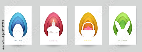 Happy easter concept. Set holiday background for cover, invitation, poster, banner, flyer, placard. Minimal template design for branding, advertising in paper cut style. Vector illustration.