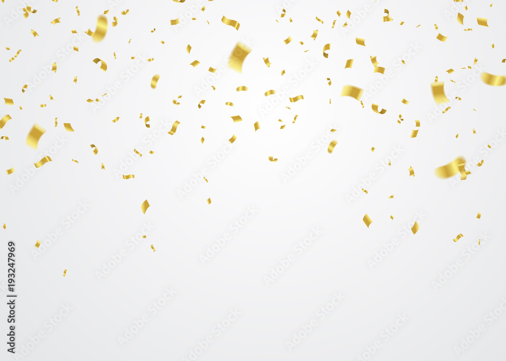 Golden Confetti Falling On White Background. Vector Illustration - obrazy, fototapety, plakaty 