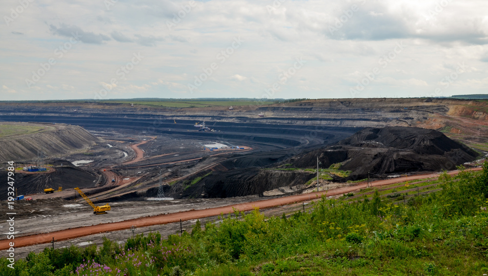 Naklejka premium coal mining landscape at Borodino open cut from western observation deck Krasnoyarsk territory, Russia