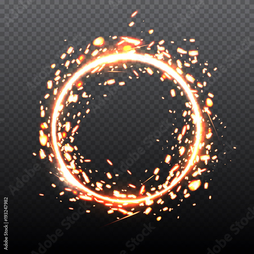 Fire sparks of metal welding isolated on transparent background. During iron cutting. Vector illustration.