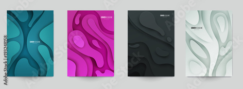 Set of minimal template in paper cut style design for branding, advertising with abstract shapes. Modern background for covers, invitations, posters, banners, flyers, placards. Vector illustration.