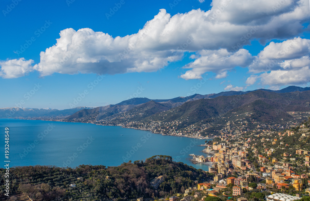 Aerial view of city of Camogli and east riviera, Genoa (Genova) province, Ligurian riviera, Mediterranean coast, Italy