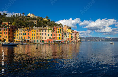 PORTOFINO, ITALY, FEBRUARY 13, 2018 - View of the city of of Portofino from the pier , Genoa (Genova) Province, Liguria, Mediterranean coast, Italy