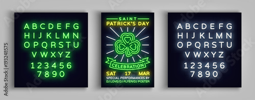 Happy St. Patrick's Day celebration invitation card design. Poster in the style neon, neon sign, neon bright for a party festival. Brochure, flyer. Vector illustration. Editing text neon sign