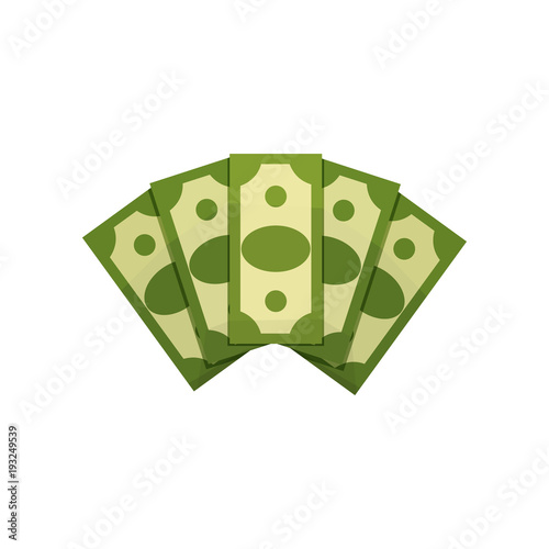 Cartoon illustration of money fan. Five dollar bills. Green banknotes. American currency. Concept of wealth or financial success. Flat vector design