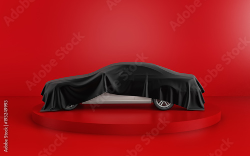 New white car hidden under black cover on red background. 3d render