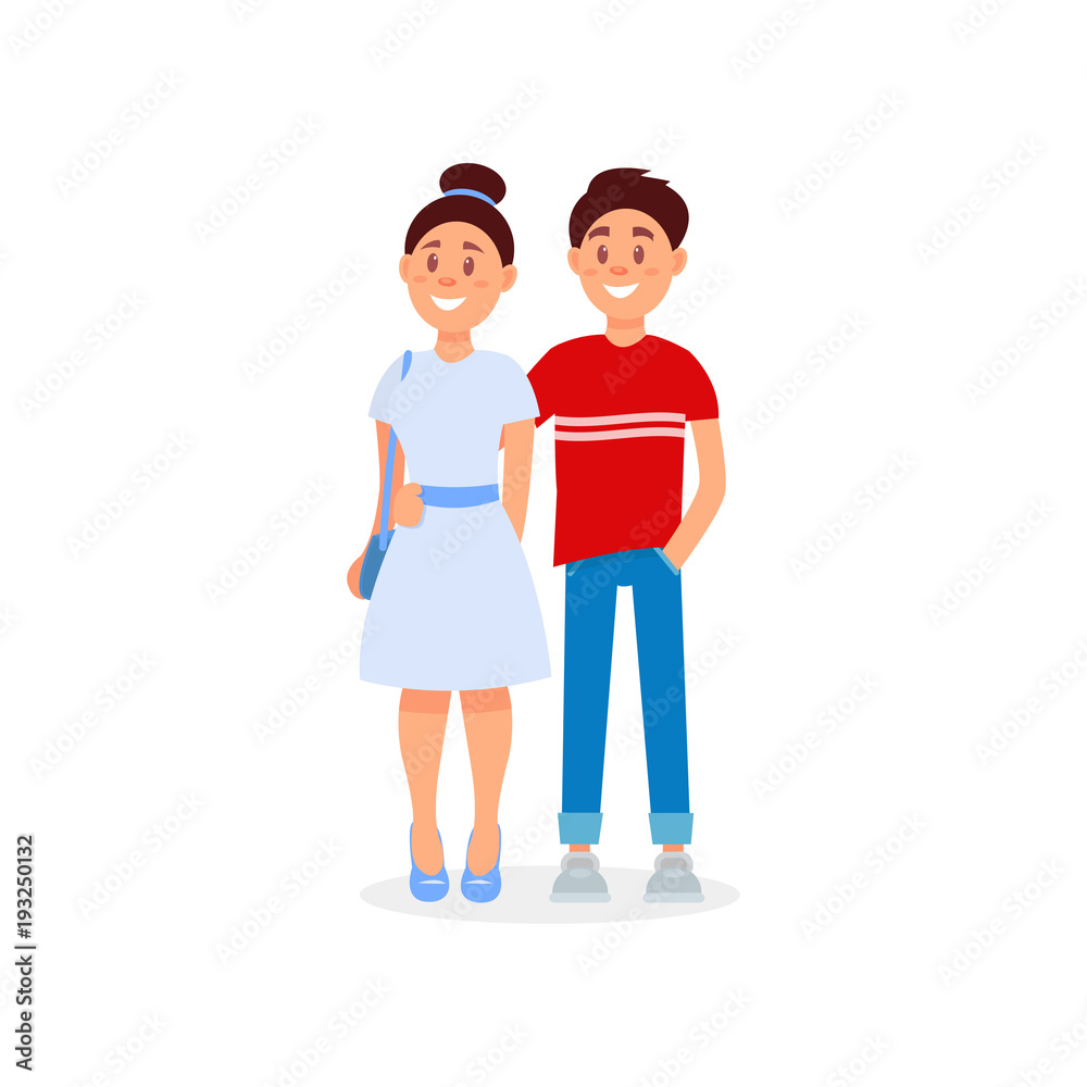 Fototapeta premium Happy family couple. Husband hugs his wife for waist. Young girl her boyfriend. Cartoon people characters in casual outfit. Colorful flat vector design